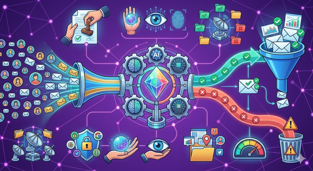 AI-powered email verification pipeline sorting valid and invalid emails through a filter