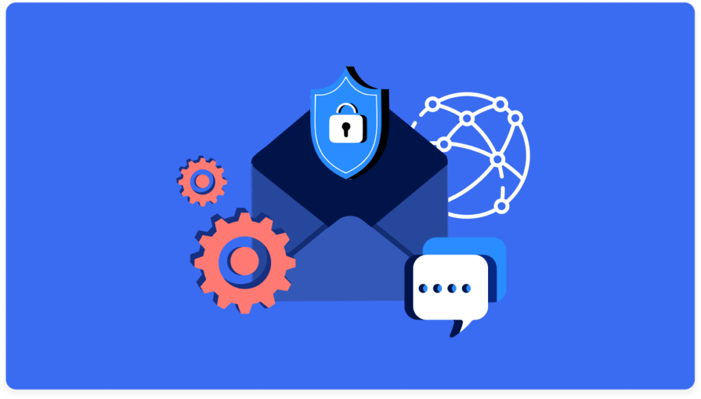 Secure email with a shield lock, network globe, and gears