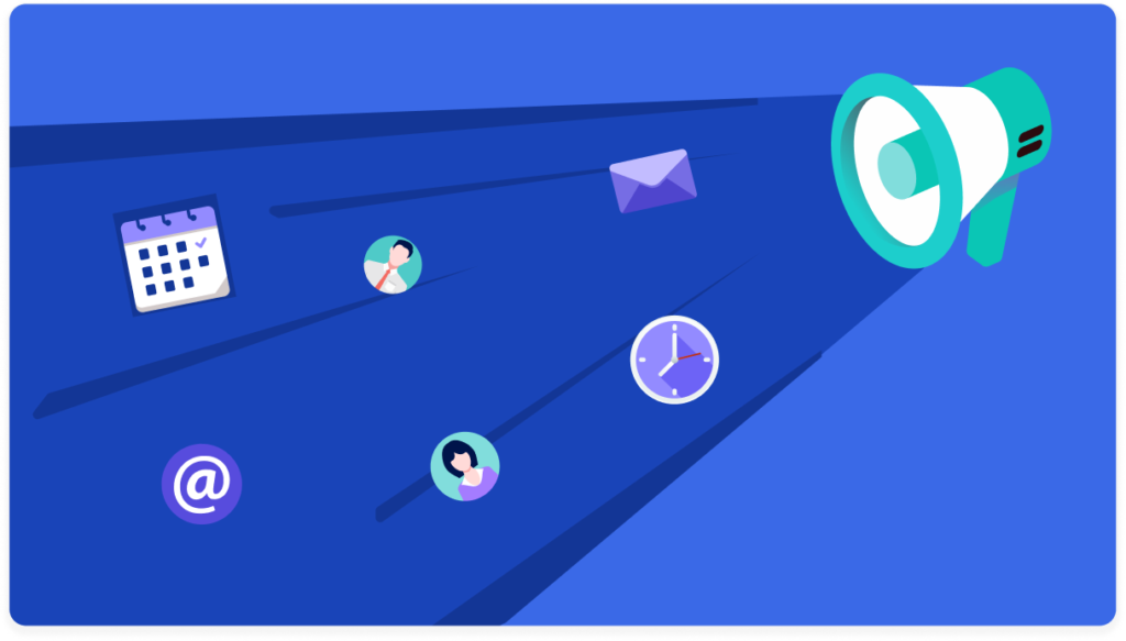 Megaphone broadcasting calendar, email, chart, and clock icons