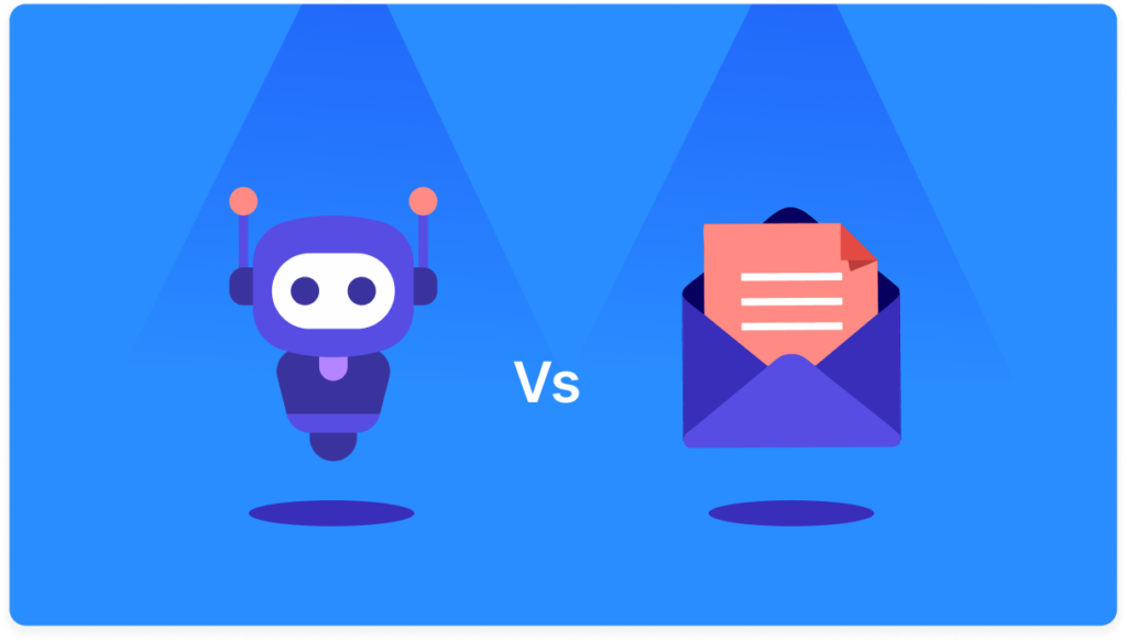 Robot facing off against an email envelope with "Vs" in between