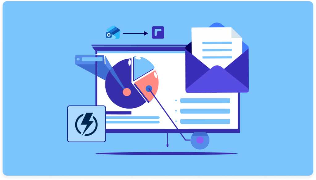 Dashboard monitor with a pie chart, email, and performance metrics