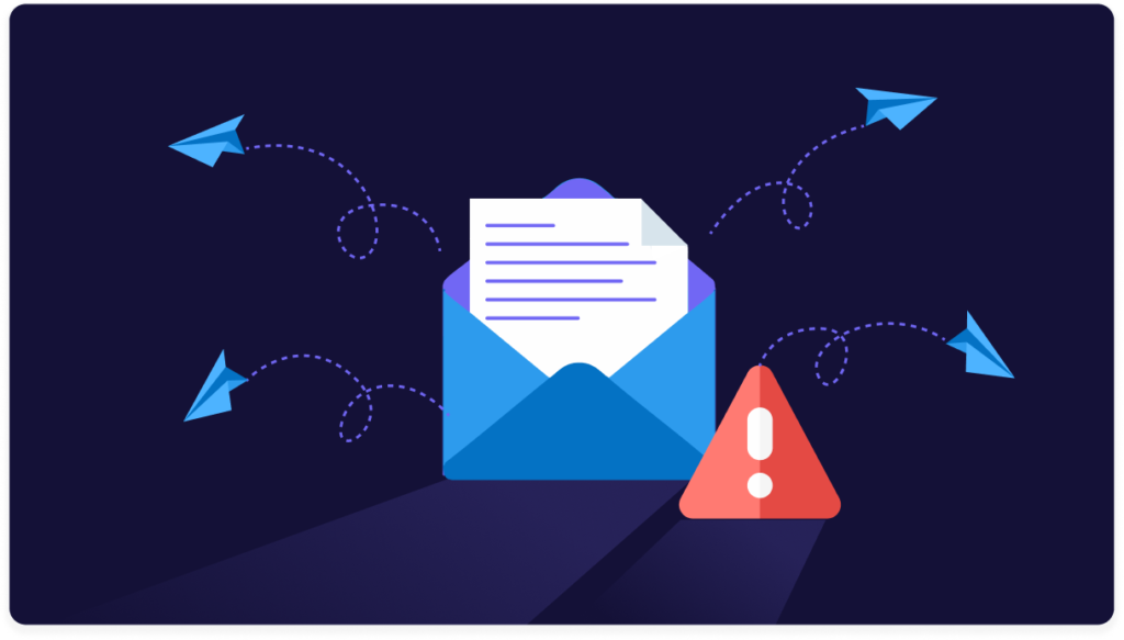 Open email with a warning triangle and paper planes scattering away