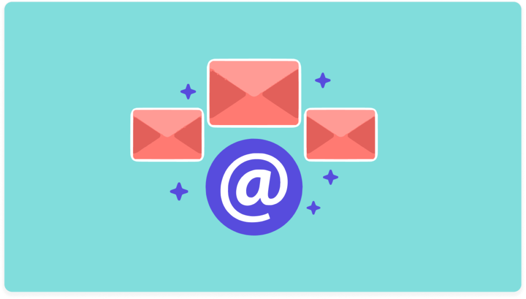Three email envelopes around an @ symbol with sparkles