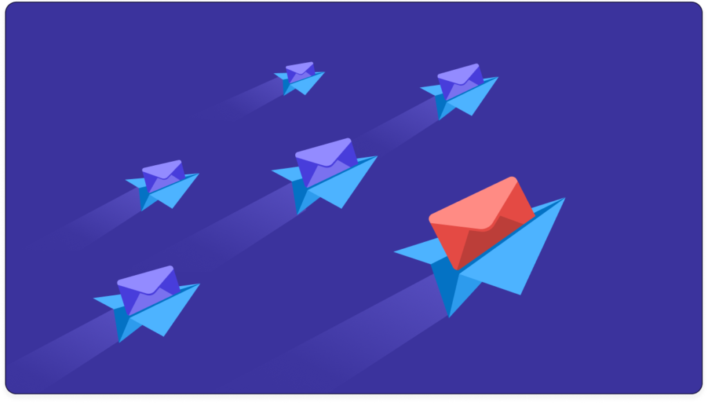 Paper airplanes in formation with a red email leading the way