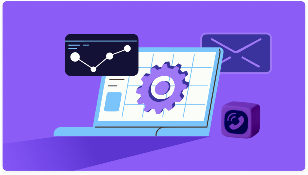 Laptop with an analytics chart, a gear icon, and an email