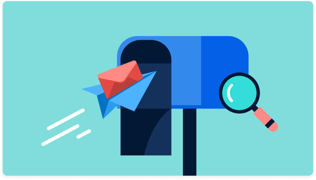 Email on a paper airplane flying into a mailbox with a magnifying glass