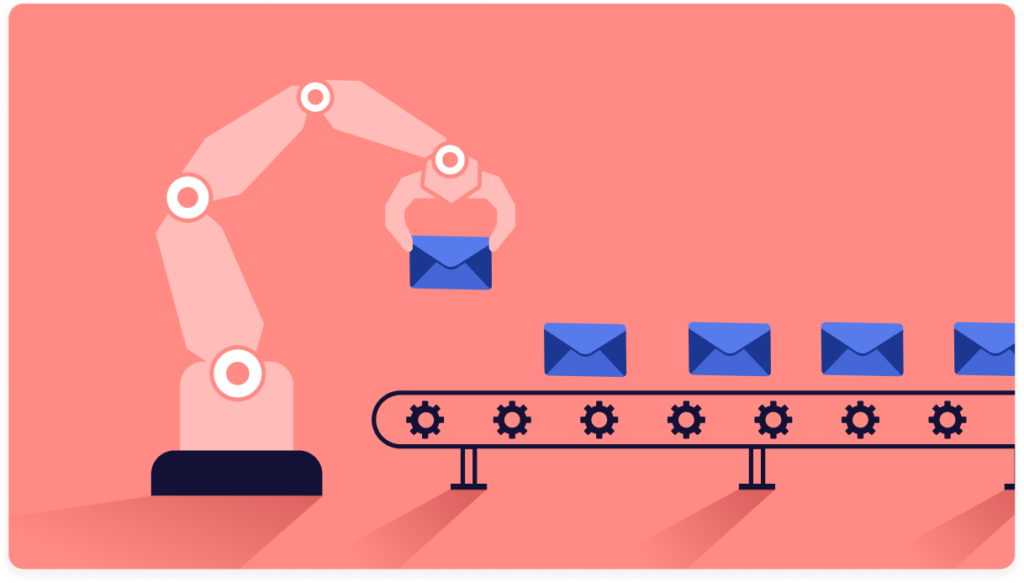 Robotic arm placing emails onto a conveyor belt with gears