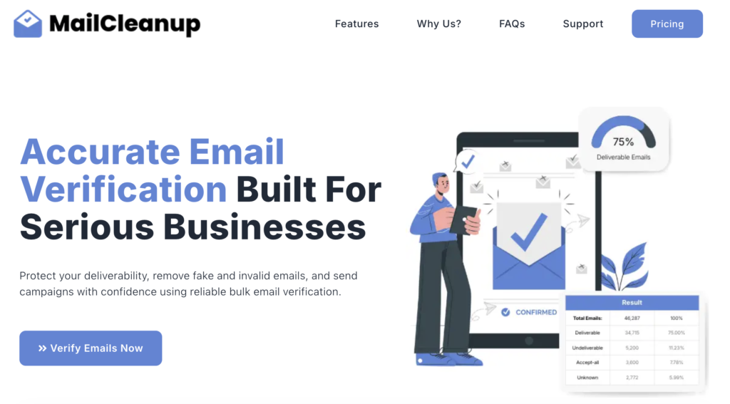 Email verification dashboard showing deliverability rate and cleaned email list results
