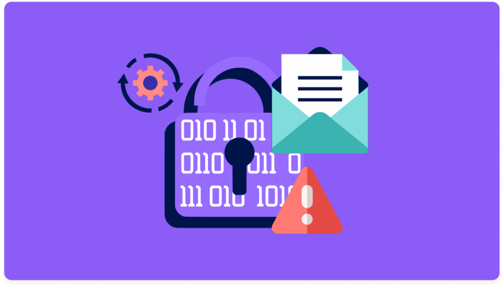 Padlock with binary code, an email, and a warning triangle