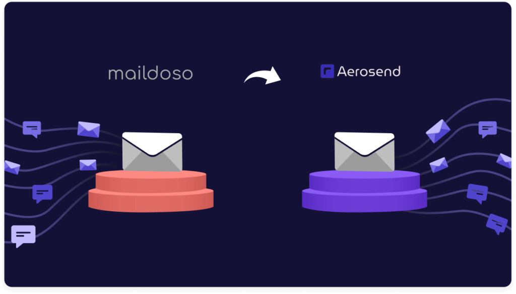Email on a Maildoso pedestal with an arrow pointing to an Aerosend pedestal