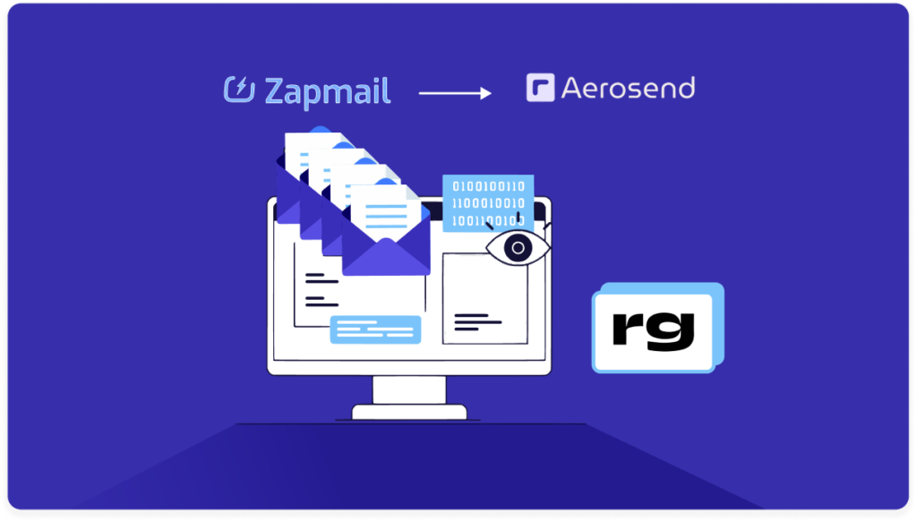 ZapMail to Aerosend migration arrow with a monitor and RevGenius logo