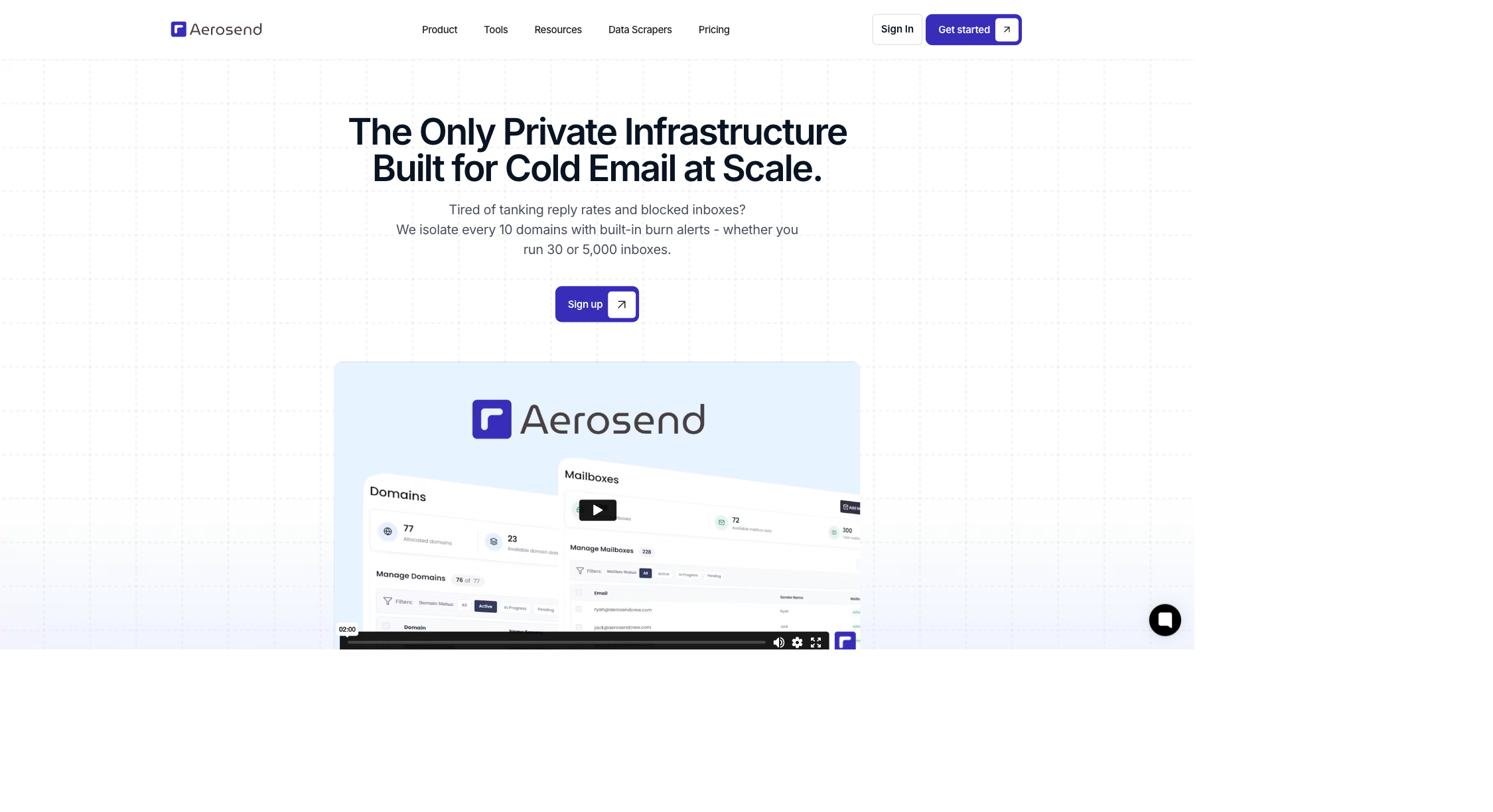 Aerosend homepage screenshot showing deliverability-first cold email infrastructure platform
