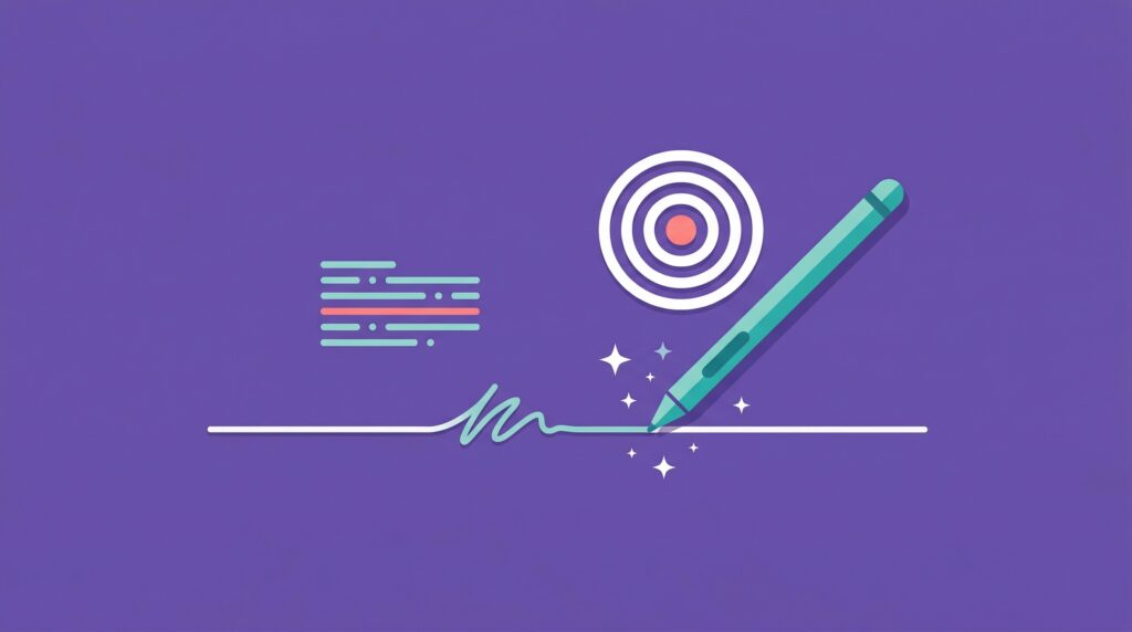 Pen writing on a line with sparkle stars and a bullseye target