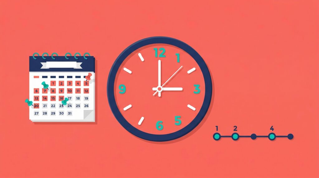 Clock face with highlighted hours, a calendar with pins, and a timeline