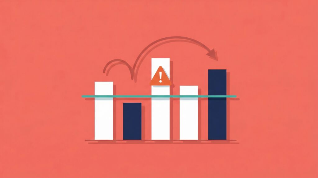 Bar chart with a benchmark line and a bouncing arrow arcing over it