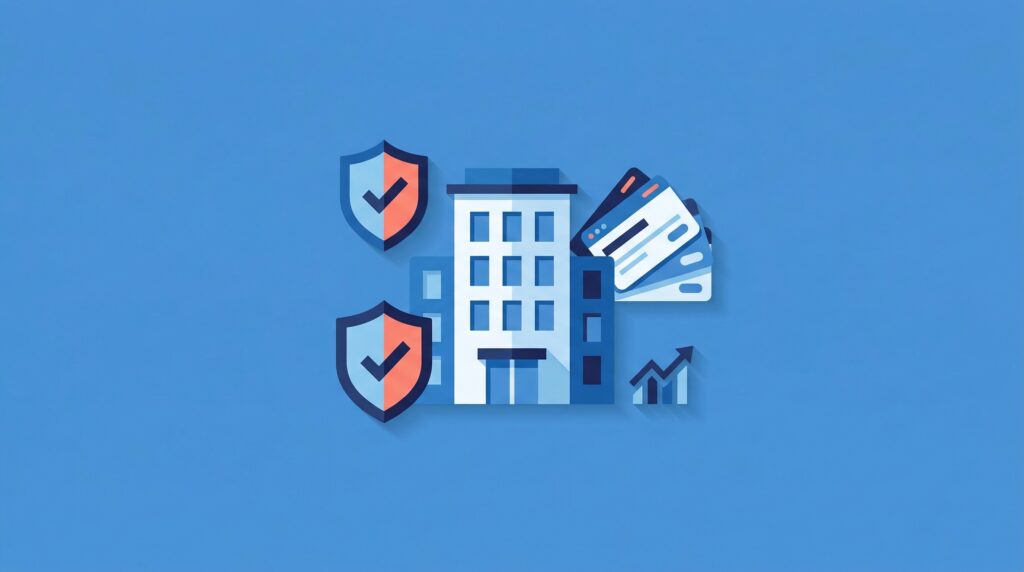 Building with shields, domain cards, and an upward trend chart