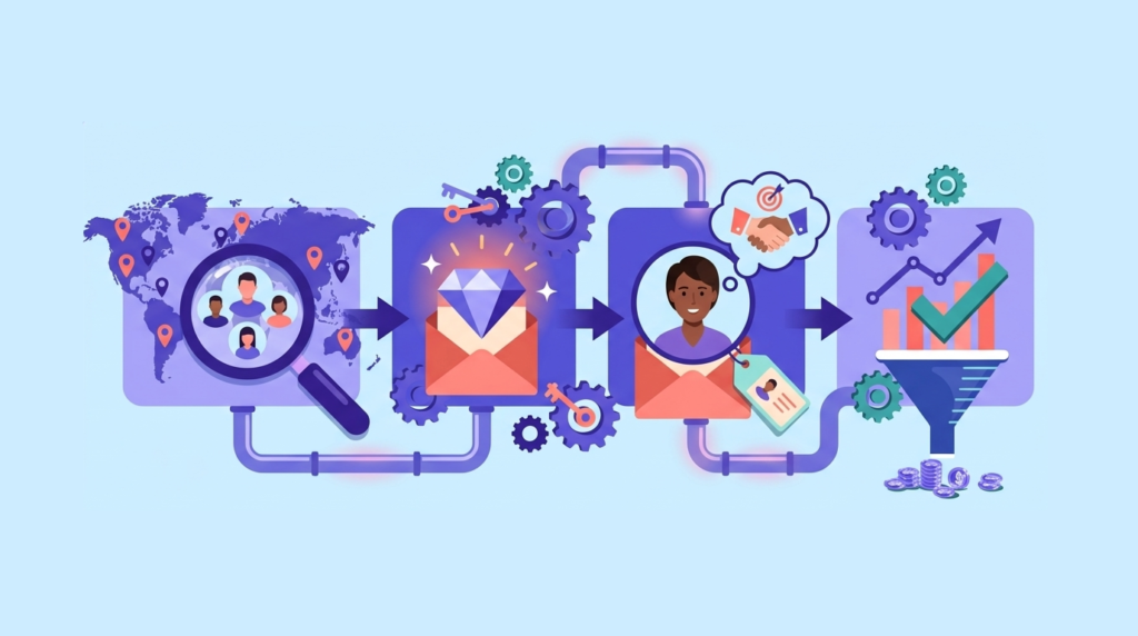 Four-phase cold email flowchart from audience research to personalized outreach to engagement tracking