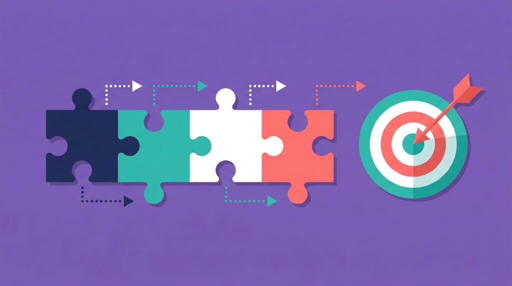 Four puzzle pieces fitting together in a row with a bullseye target nearby