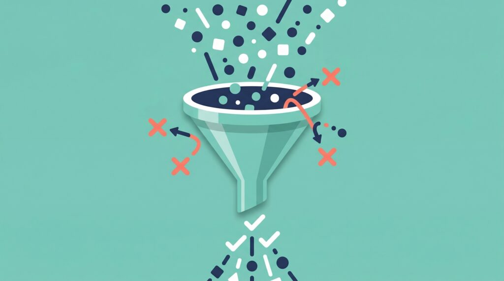 Funnel filtering data with checkmarks passing through and X marks bouncing off
