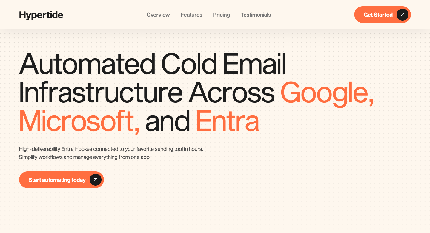Hypertide homepage showing automated cold email infrastructure across Google, Microsoft, and Entra