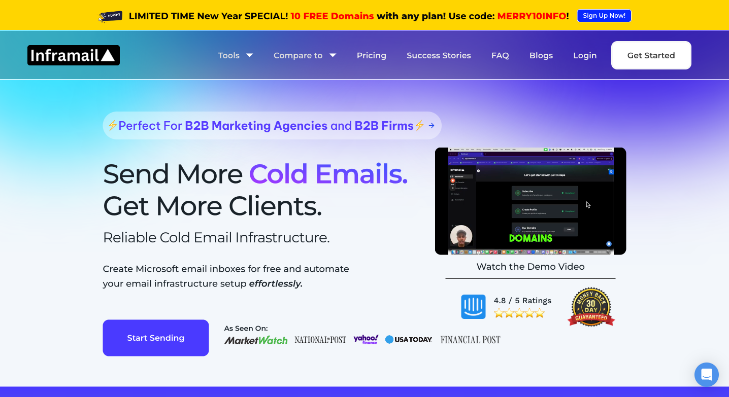 Inframail homepage showing unlimited cold email inboxes with Microsoft infrastructure in 2026