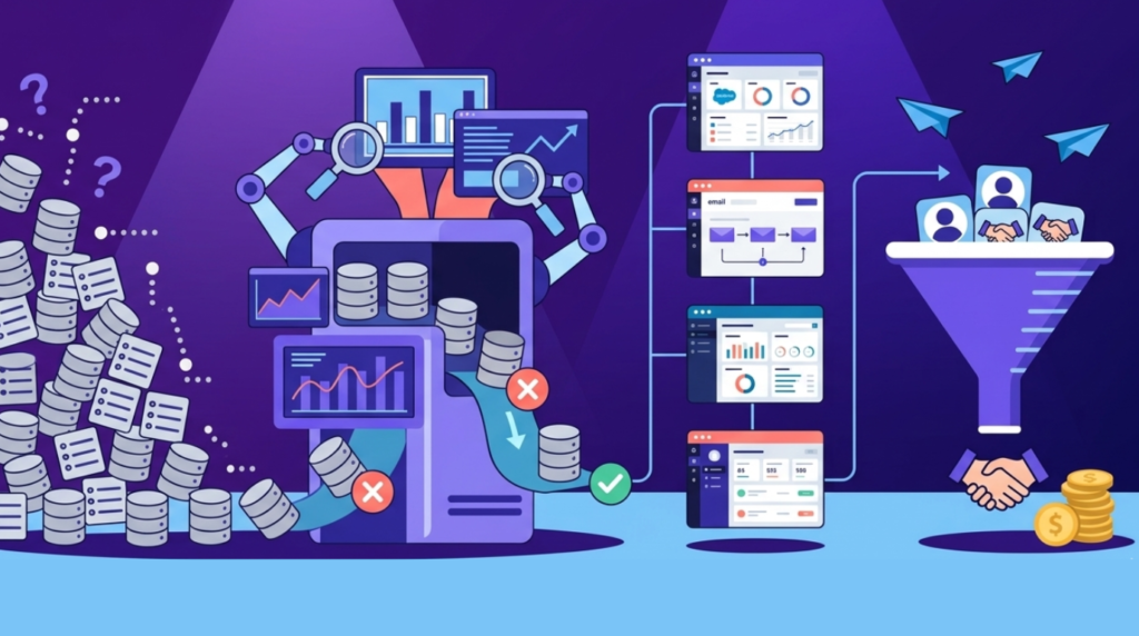Data sources and analytics tools feeding into a lead generation funnel