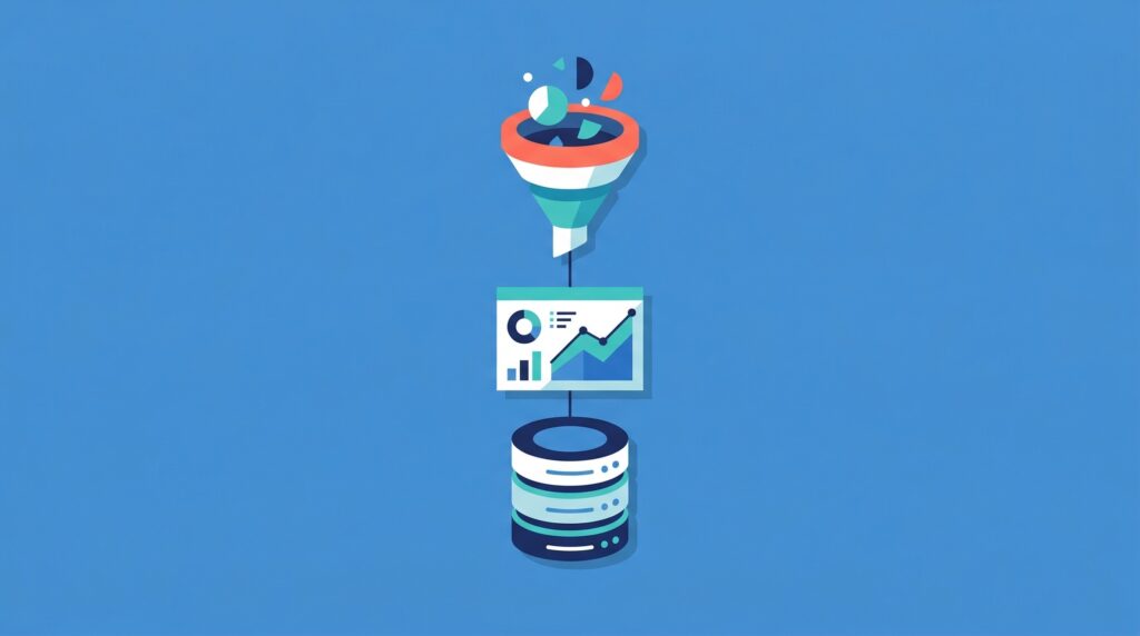 Vertical tech stack layers with a database at the bottom and a funnel at the top