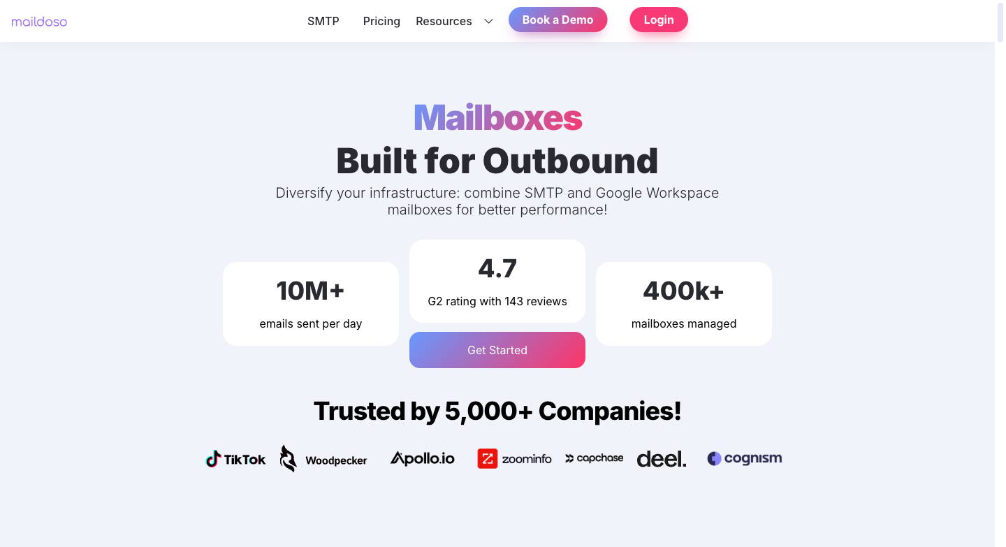 Maildoso homepage showing SMTP mailbox plans and pricing for cold email in 2026