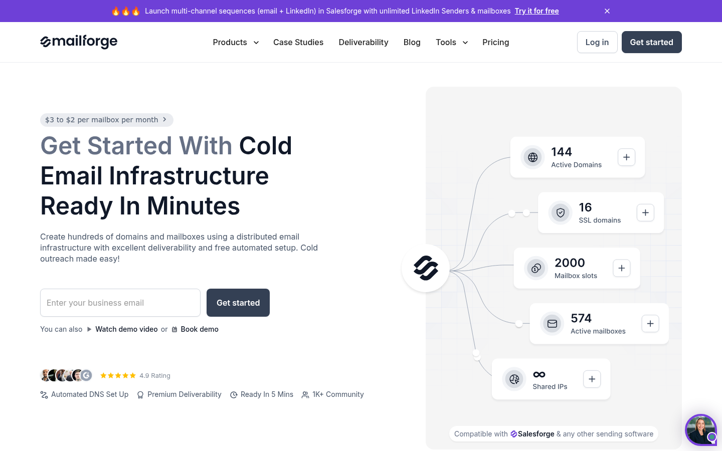 Mailforge homepage showing distributed email infrastructure and pricing