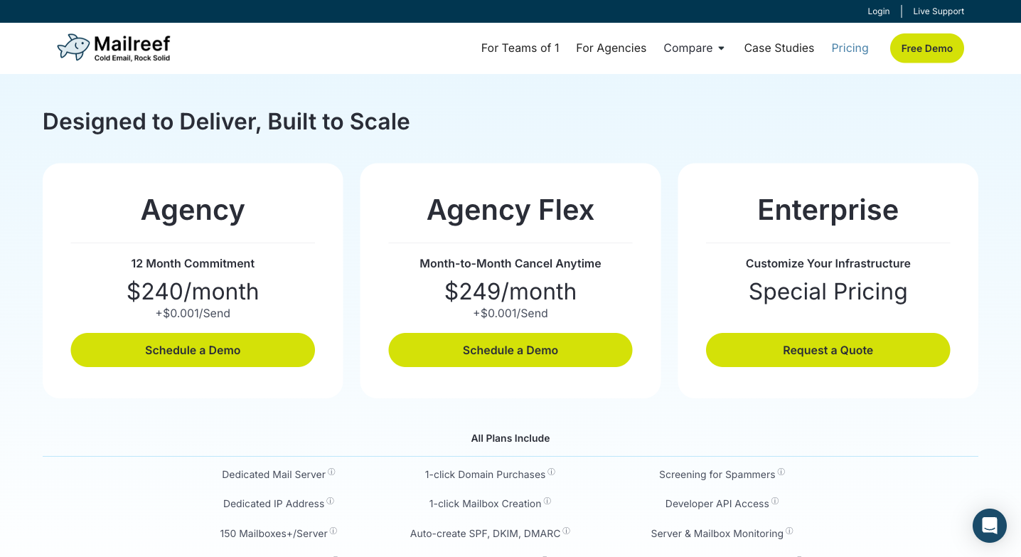Mailreef pricing page showing Agency and Agency Flex plans for cold email infrastructure in 2026