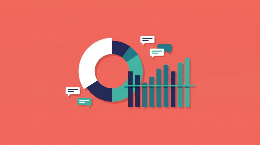 Donut chart and bar chart with a benchmark line and reply bubbles