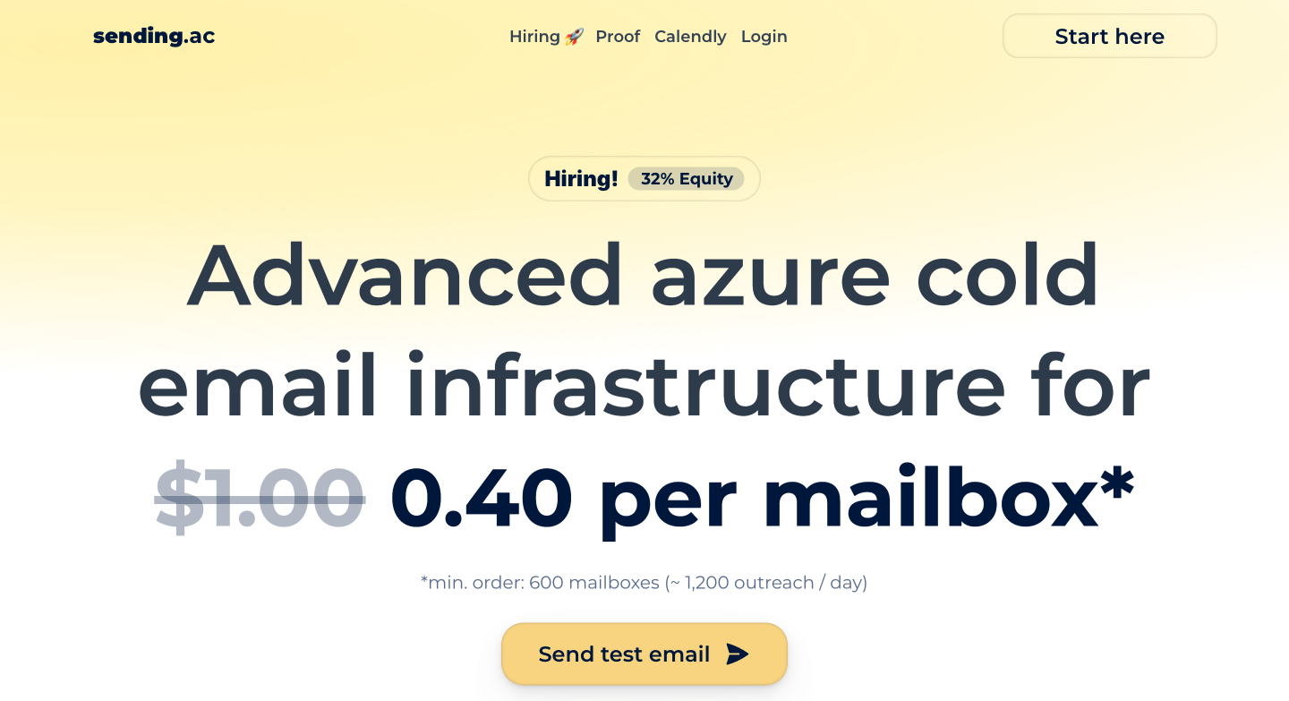 Sending.ac homepage screenshot showing Azure-based cold email infrastructure with low per-mailbox pricing
