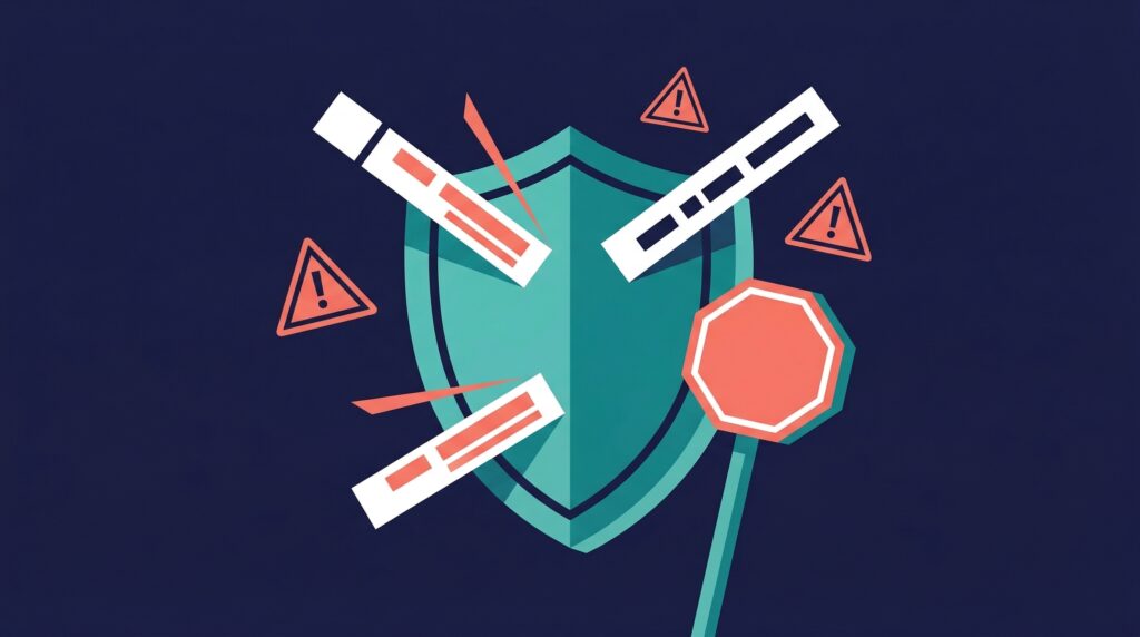 Shield blocking abstract word blocks with warning triangles and a stop sign