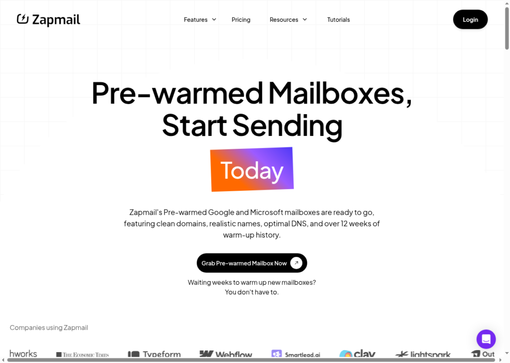 Zapmail pre-warmed mailboxes page