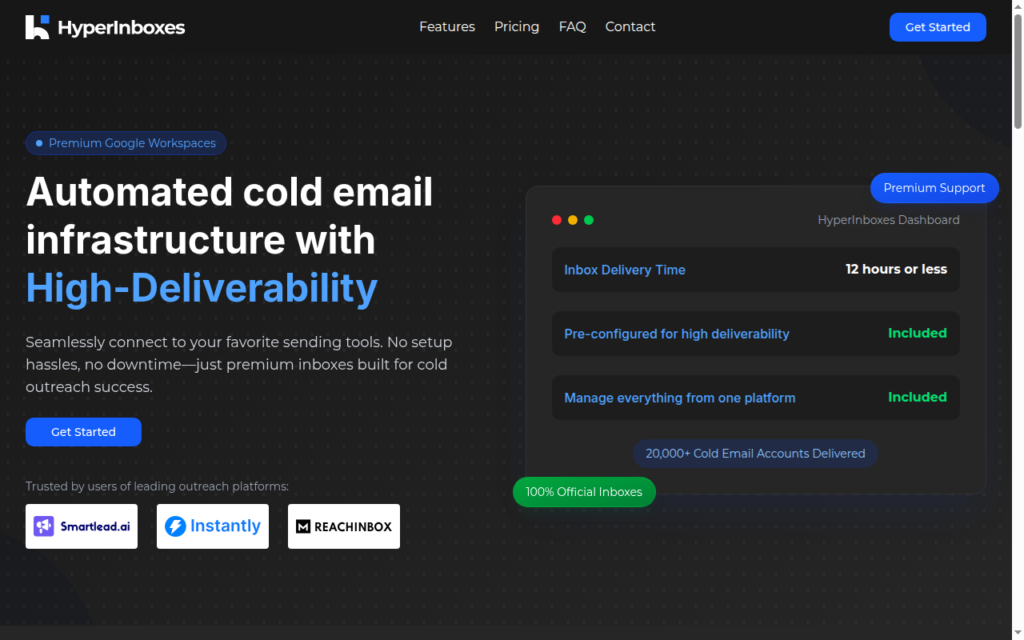 HyperInboxes homepage with its premium Google inbox and 12-hour setup pitch.