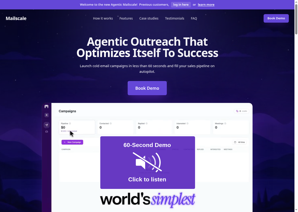 Mailscale homepage showing the Book Demo call to action for its agentic outreach service