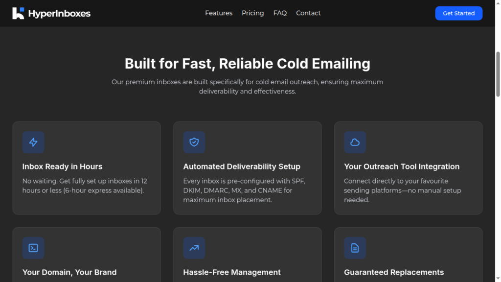 HyperInboxes feature cards: automated DNS, integration, replacement.