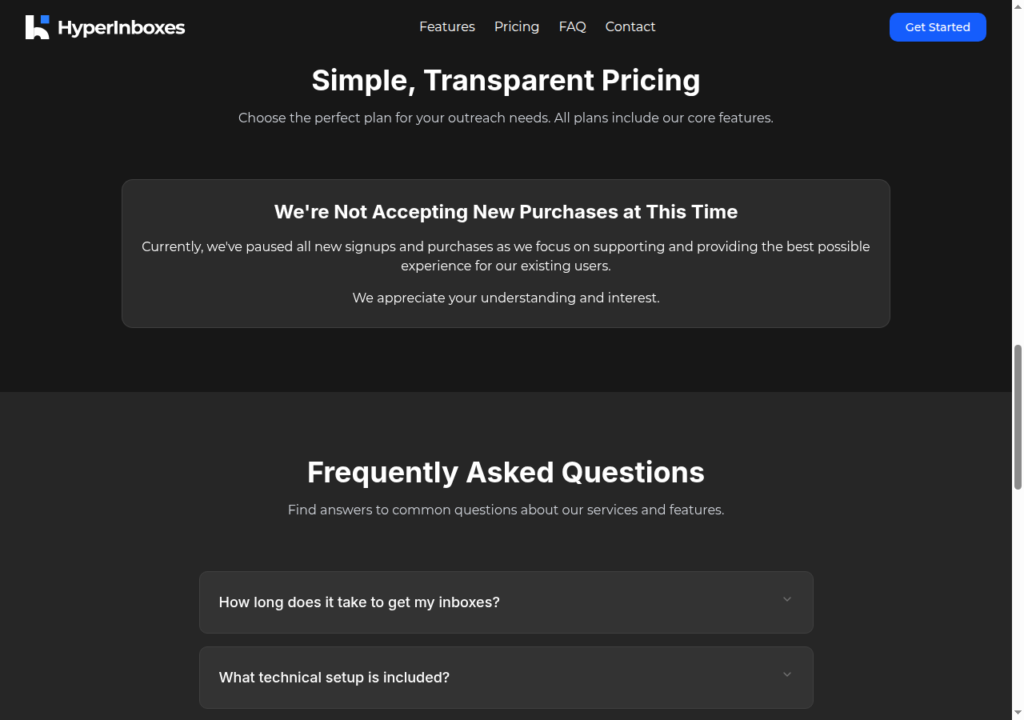 HyperInboxes pricing replaced by a We're Not Accepting New Purchases notice.