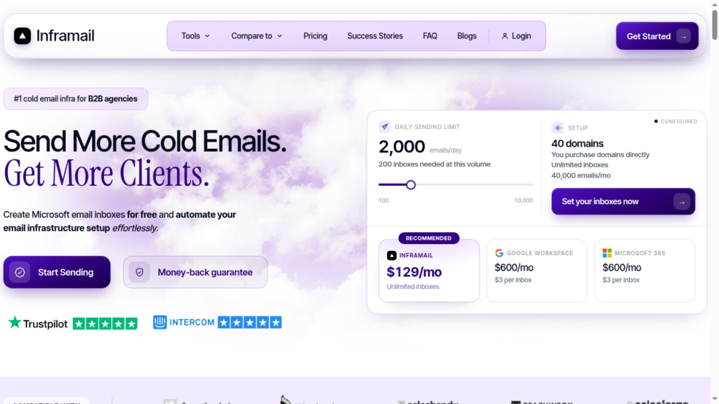 Inframail homepage showing unlimited Microsoft inboxes at a flat monthly price
