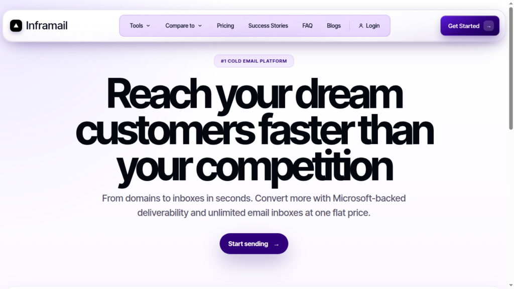 Inframail platform page highlighting Microsoft-backed deliverability