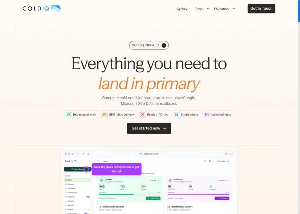 ColdIQ Inboxes hero and dashboard
