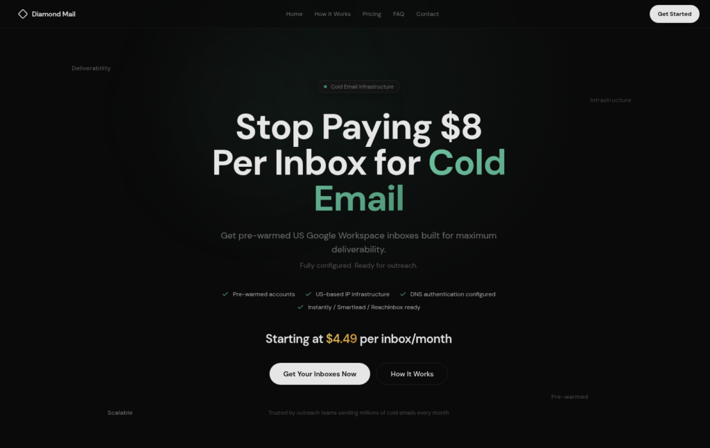 Diamond Mail homepage with its $4.49 per inbox pitch