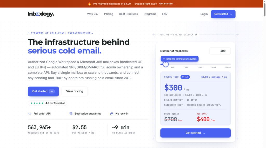 Inboxlogy homepage showing authorized Google Workspace and Microsoft 365 mailboxes with a live savings calculator