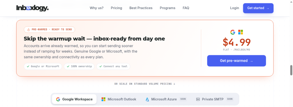 Inboxlogy pre-warmed mailboxes at $4.99 with Google, Microsoft, Azure and private SMTP options