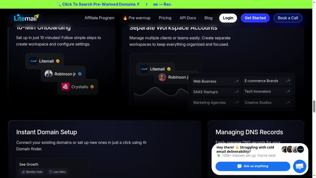 LiteMail product features showing separate workspace accounts and automated DNS record management