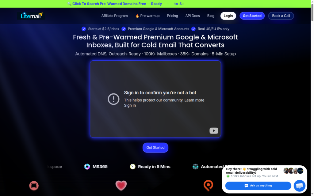 LiteMail homepage showing fresh and pre-warmed Google and Microsoft inboxes for cold email