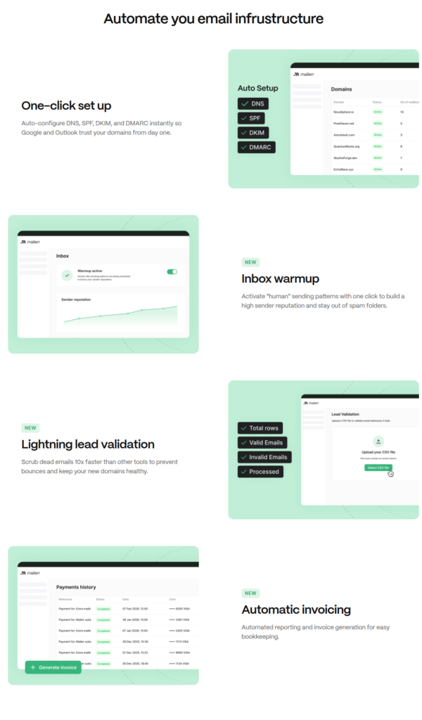 Mailerr features: one-click DNS, warmup, and lead validation