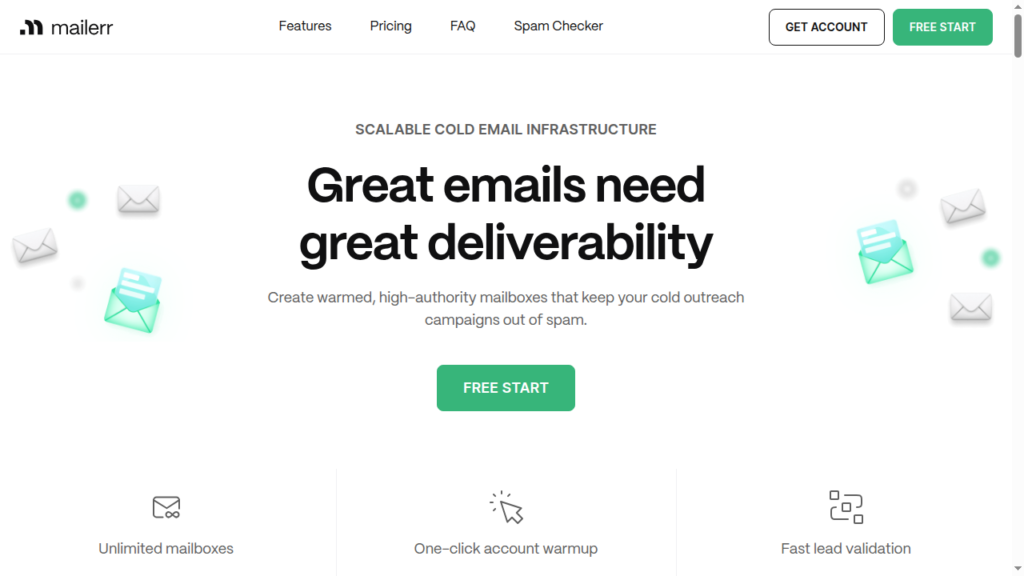 Mailerr homepage: scalable cold email infrastructure on US-based IPs