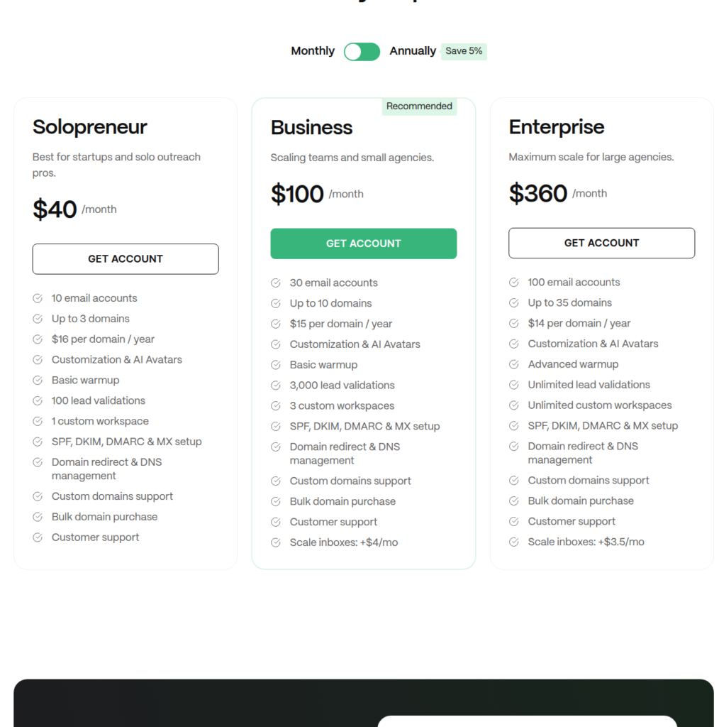 Mailerr pricing: Solopreneur, Business, and Enterprise plans