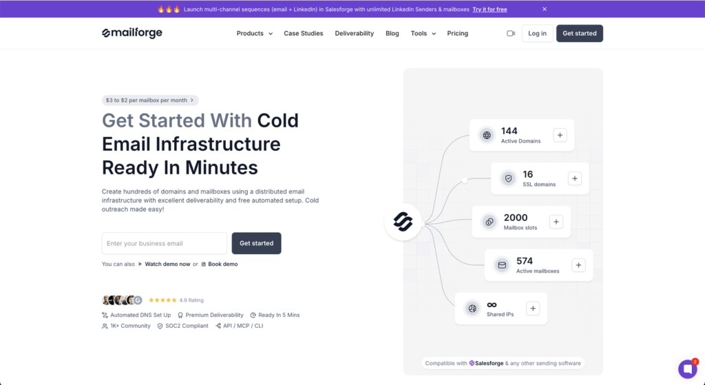 Mailforge homepage: shared IP cold email infrastructure ready in minutes